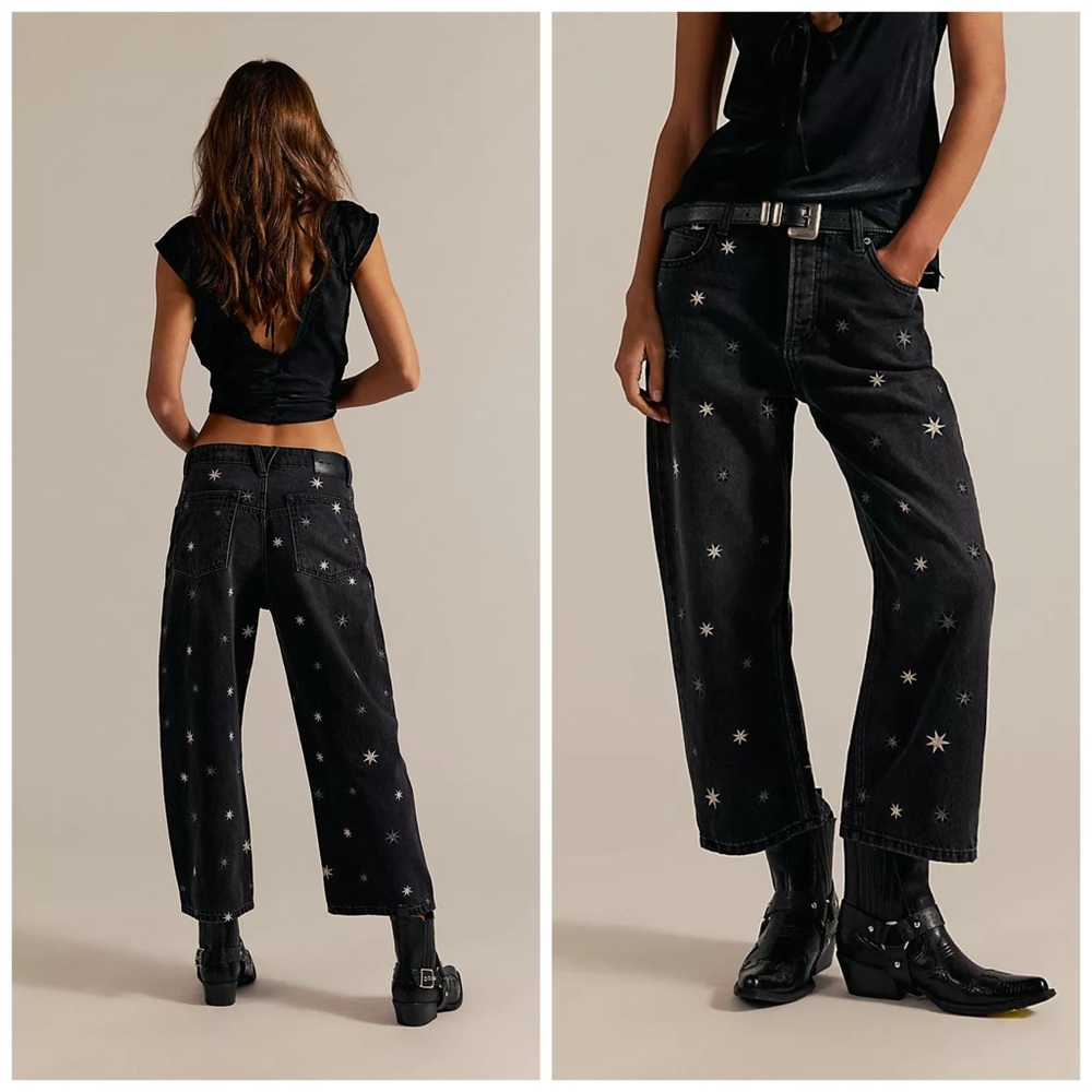 Free People Deep Trance Shine Embroidered Dropped Boyfriend‎ Jeans Size 31 Star